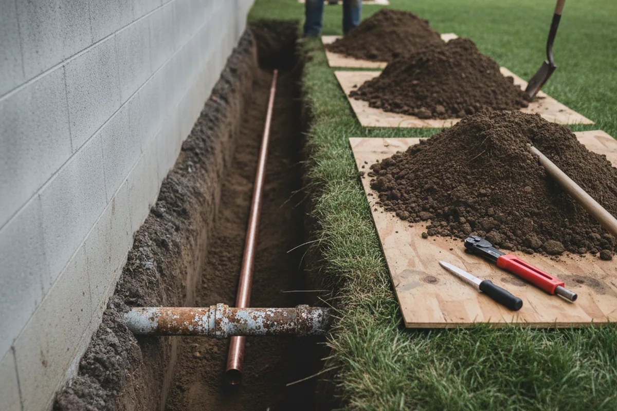 Excavated water line trench during Sewer Line Repair in Woodland Hills
